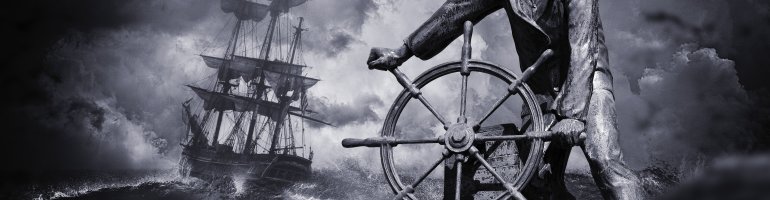 A greyscale composite picture involving several elements. The background is a storm sea beneath a cloudy sky on which a large ship or galleon is sailing. Imposed on top of this is a statue or sculpture of a sailor at a helm.