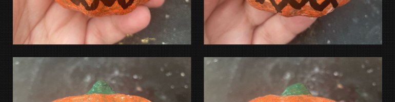 A photo collage of four mini pumpkin Halloween decorations. All of them are covered in gold and orange decoupage paper and have their stems painted green and Jack O'Lantern faces drawn on them in black. Their expressions are (clockwise from top left): spooky; angry; sleepy; and miserable.