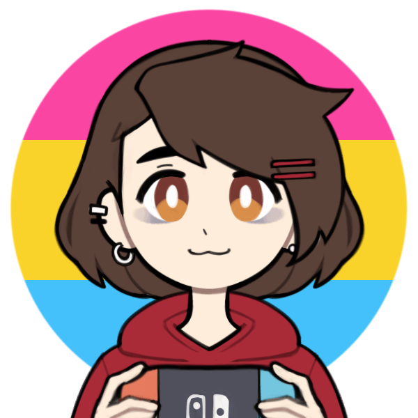 An image showing the author's icon, a cartoon image of the author as created on a picrew.me image maker by @mewdokas on Twitter (https://picrew.me/image_maker/100365). It shows a brown-eyed demi-girl with shoulder-length brown hair and a lot of piercings. She's wearing a red hoodie, playing a Nintendo Switch, and behind them is a circle of the pansexual pride flag.